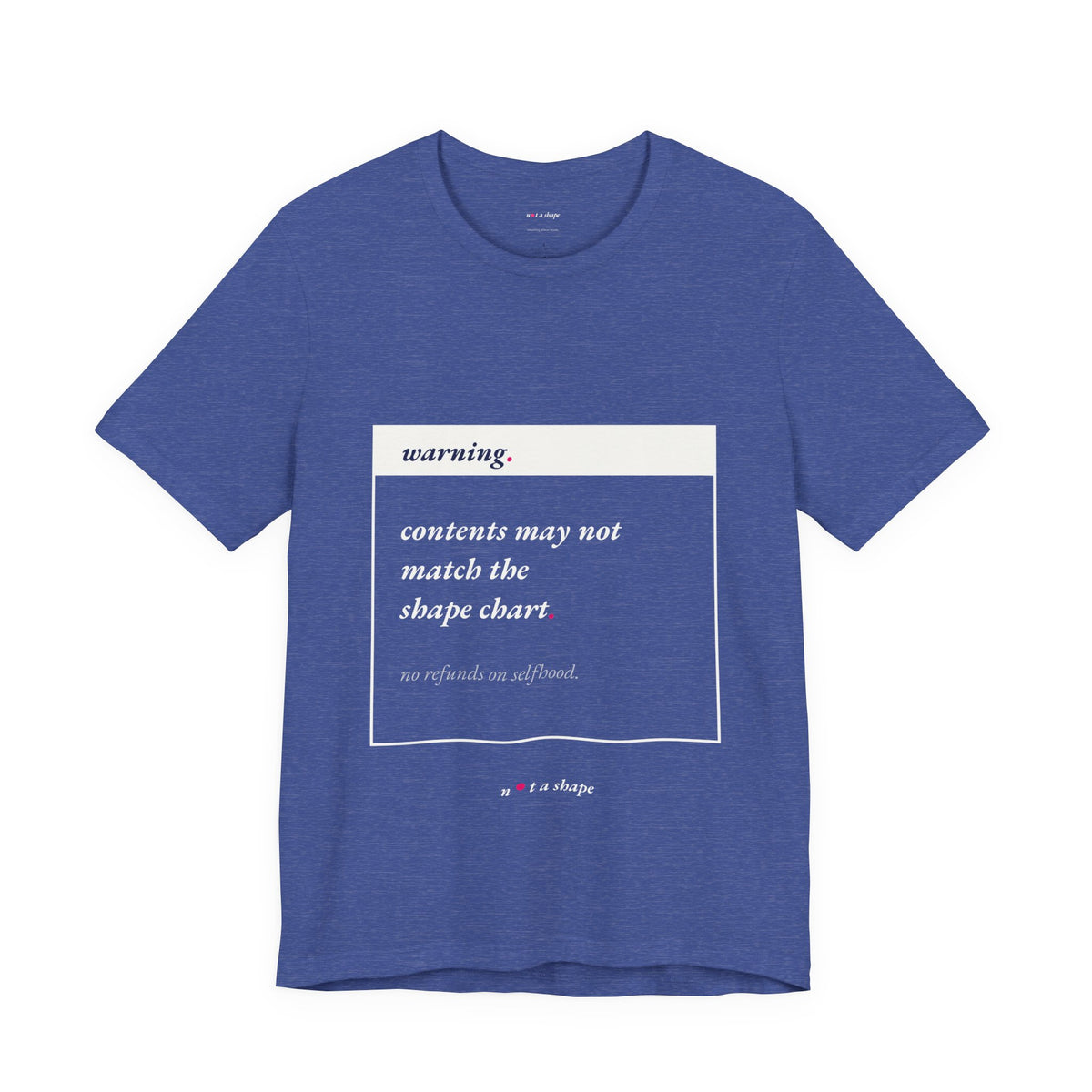 blue t-shirt with warning label style graphic