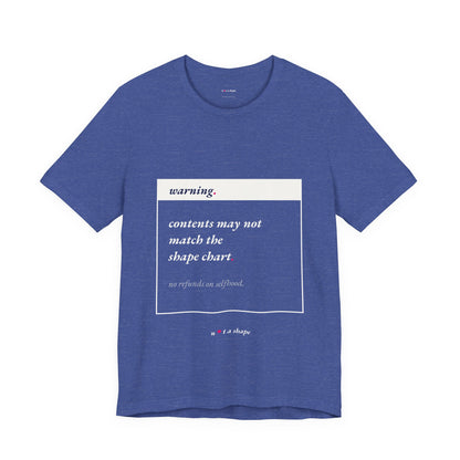blue t-shirt with warning label style graphic