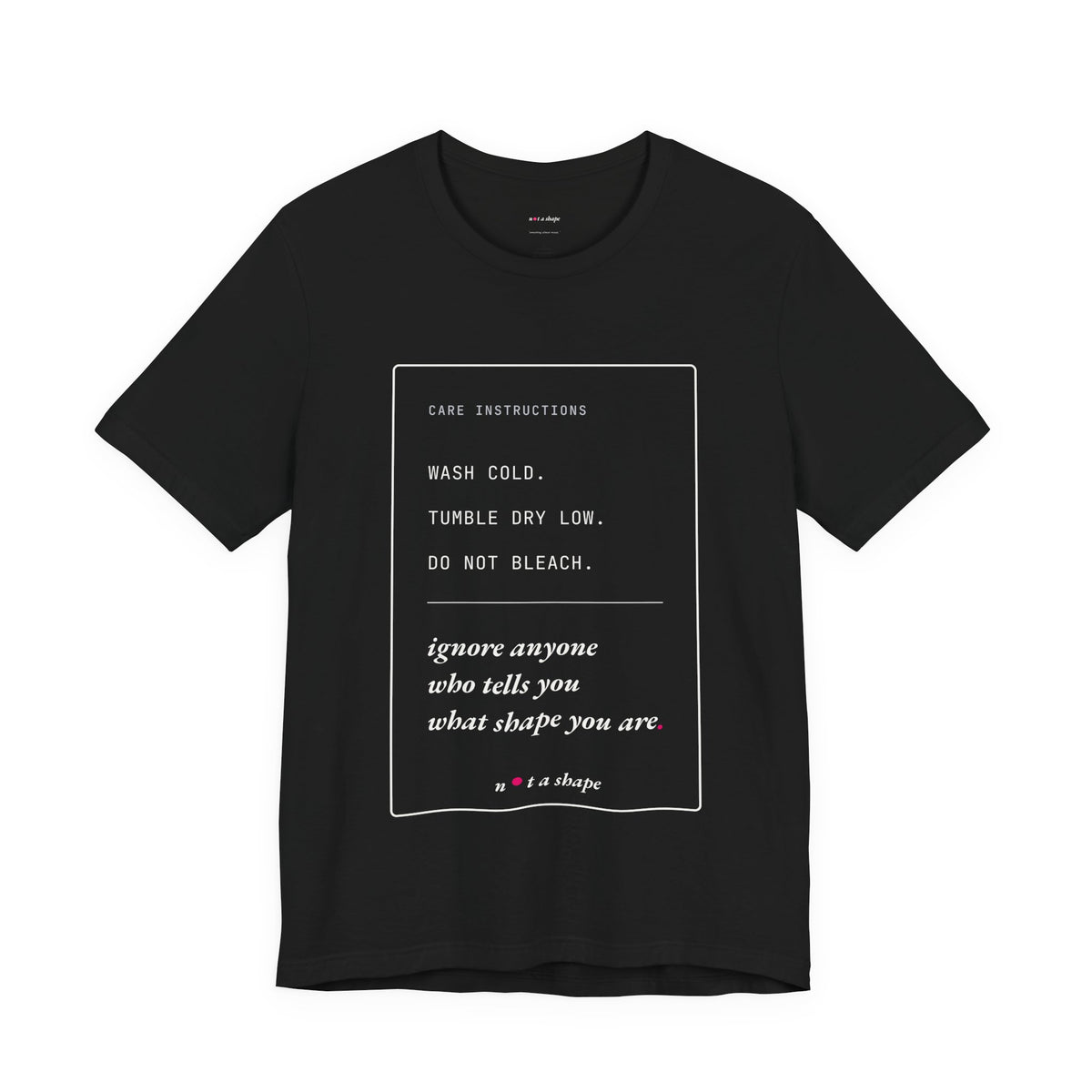 black t-shirt with a care label style graphic