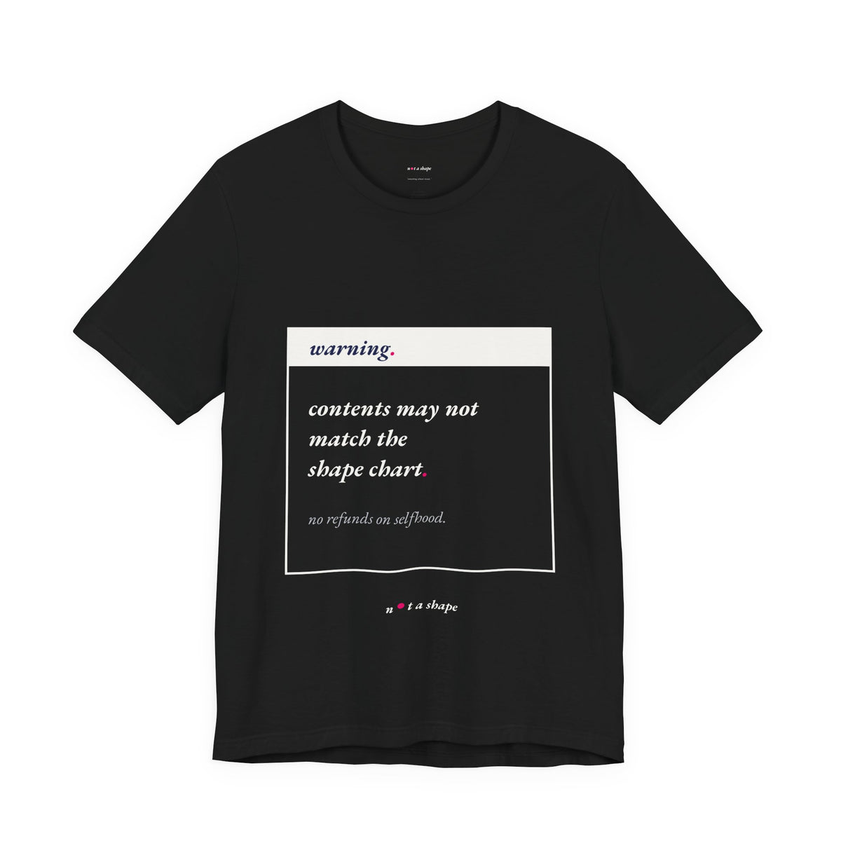 black t-shirt with warning label style graphic