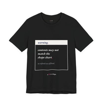 black t-shirt with warning label style graphic